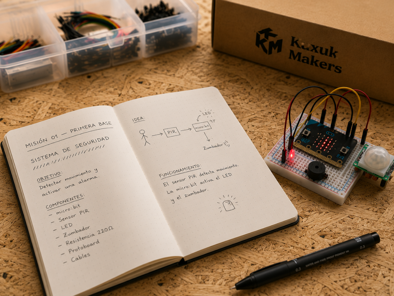 Cuaderno de misión con un proyecto micro:bit, sensor PIR y componentes electrónicos sobre una mesa de taller Kuxuk Makers